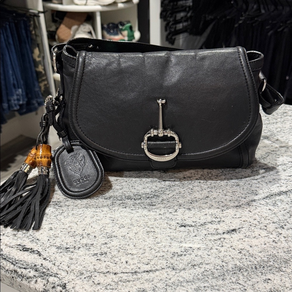 Black Leather Hand Bag with Silver Accents